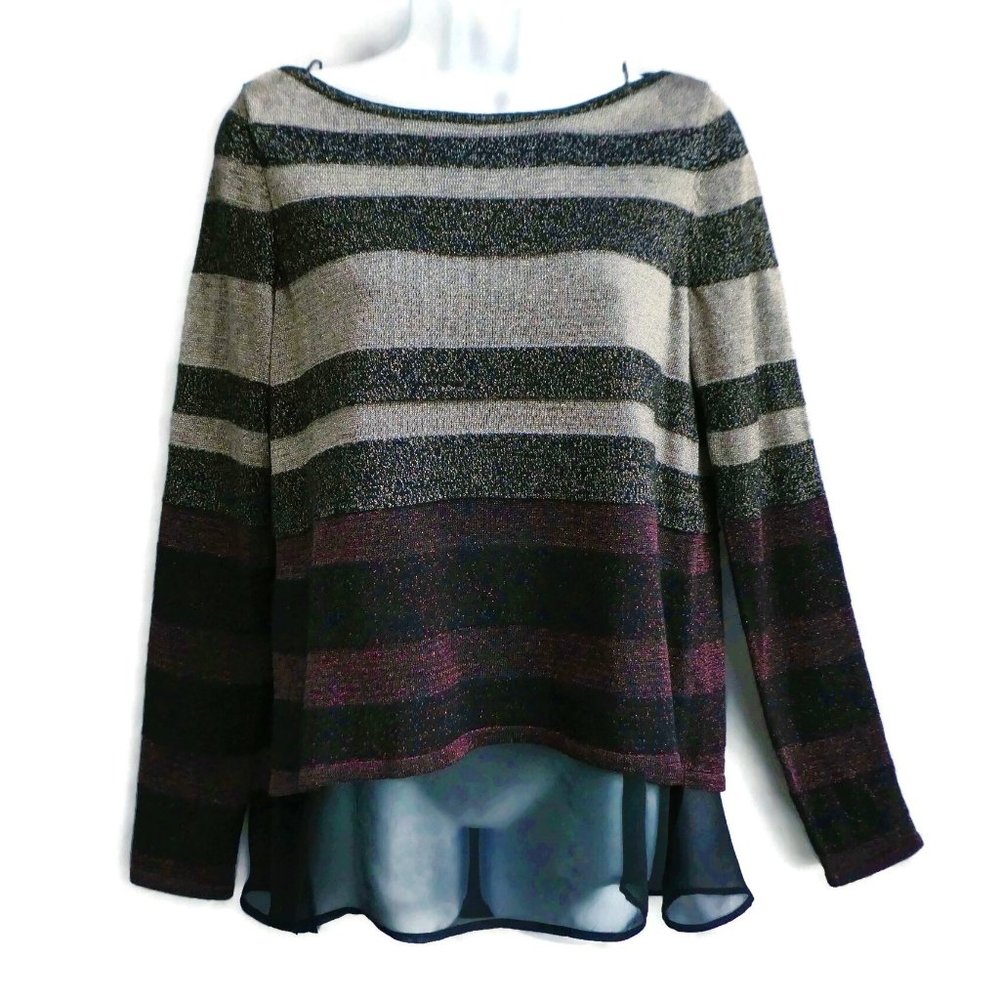 WHBM Pullover Metallic Woven Mix Stripe Split Back Chiffon Layer Sparkly M